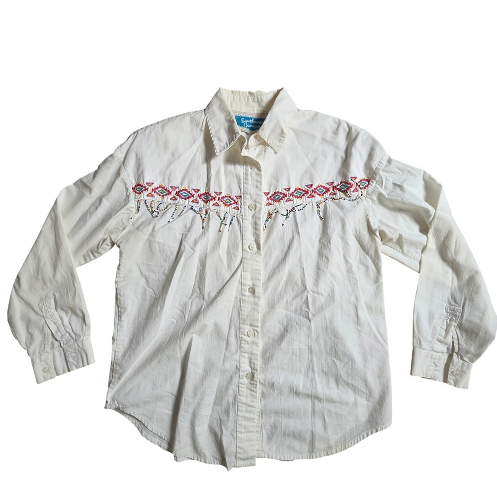 Vintage Southwest Canyon Western Embroidered Beaded Fringe Shirt L Boho Chic